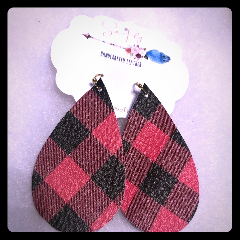 Red/blk Buffalo Check Handcrafted leather earrings